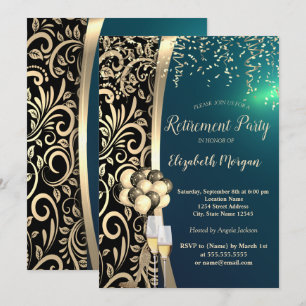 Gold Swirls Glas,High Heels,Green Retirement  Invitation