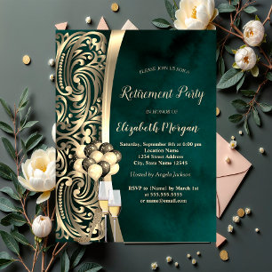 Gold Swirls Glas,High Heels Green Retirement Invitation