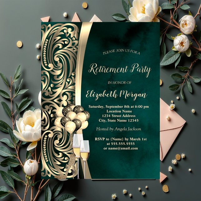 Gold Swirls Glas,High Heels Green Retirement Invitation (Creator Uploaded)