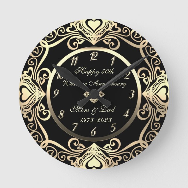 Gold Swirls Hearts Diamond 50th Wedding Round Clock (Front)
