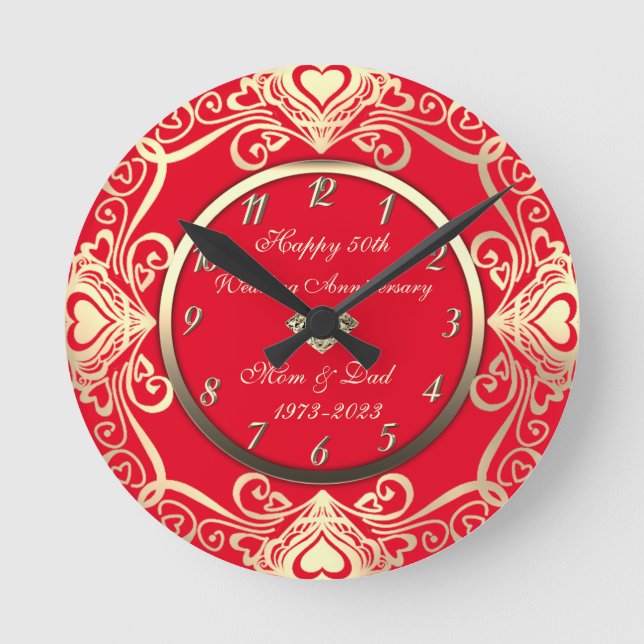 Gold Swirls Hearts Diamond Red 50th Wedding Round Clock (Front)