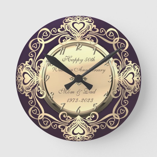 Gold Swirls Hearts Diamond Violet 50th Wedding  Round Clock (Front)