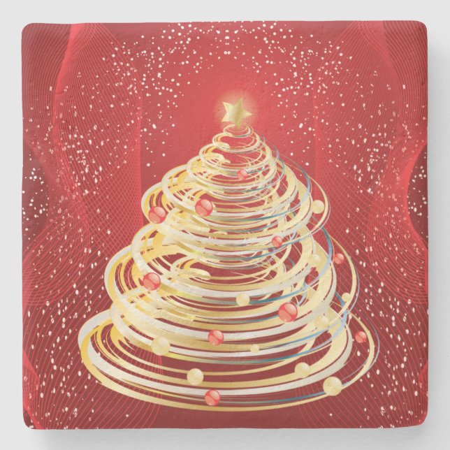 Gold Swirls Modern Art Christmas Tree Stone Coaster (Front)
