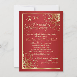 Gold swirls on red 50th Wedding Anniversary photo Invitation