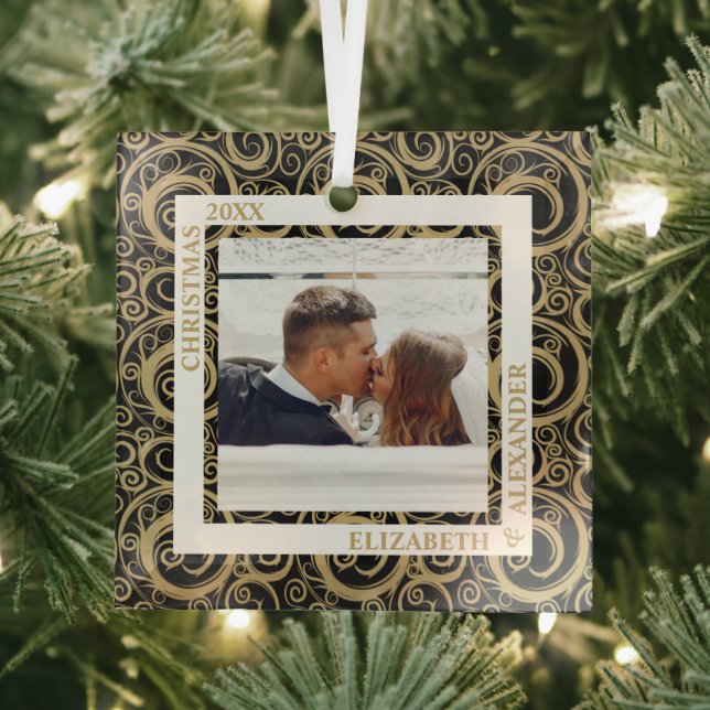 Gold Swirls Photo Black Glass Tree Decoration (Insitu)