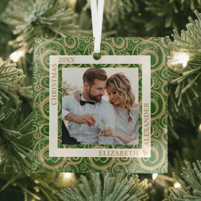 Gold Swirls Photo Green Glass Tree Decoration (Insitu)