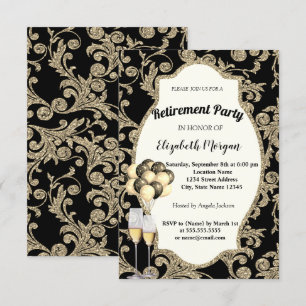 Gold Swirls Wine Glas , Ballons, Retirement Party Invitation