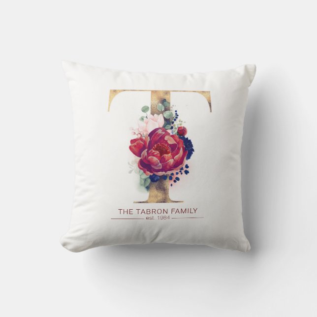 Gold T Monogram Floral Burgundy Red and Navy Blue Cushion (Front)