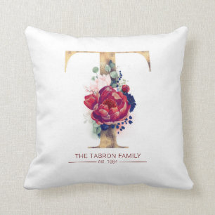 Gold T Monogram Floral Burgundy Red and Navy Blue Cushion