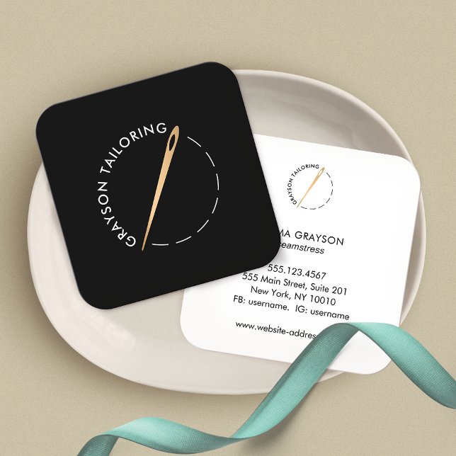 Gold Tailoring Sewing Needle and Thread Square Business Card (Creator Uploaded)