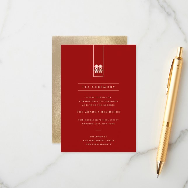 Gold Tall Rectangle Double Happiness Asian Wedding Enclosure Card (Front/Back In Situ)