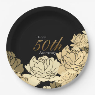 Gold, tan and beige 50th anniversary rose print paper plate