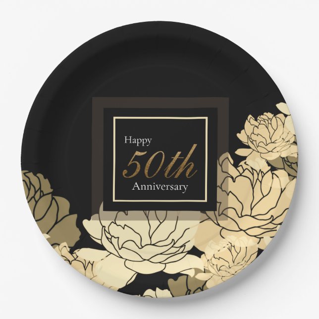 Gold, tan and yellow 50th anniversary rose print paper plate (Front)