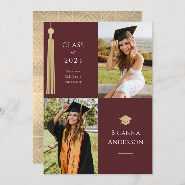 Gold Tassel & Cap 2 Photo Burgundy Graduation Invitation (Front/Back)