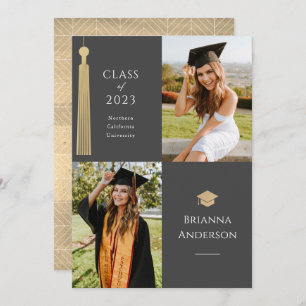 Gold Tassel & Cap 2 Photo Graduation Grey Invitation