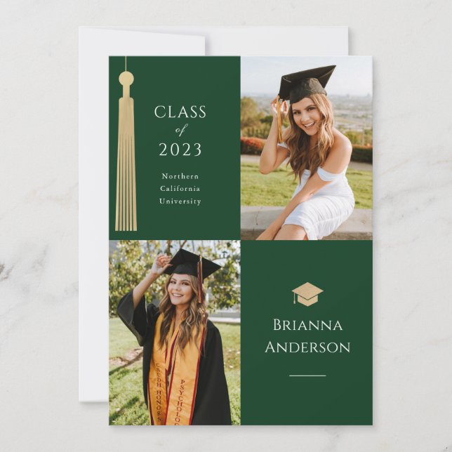 Gold Tassel & Cap 2 Photo Green Graduation Invitation (Front)