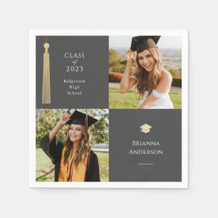 Gold Tassel & Cap Dark Grey 2 Photo Graduation Napkin