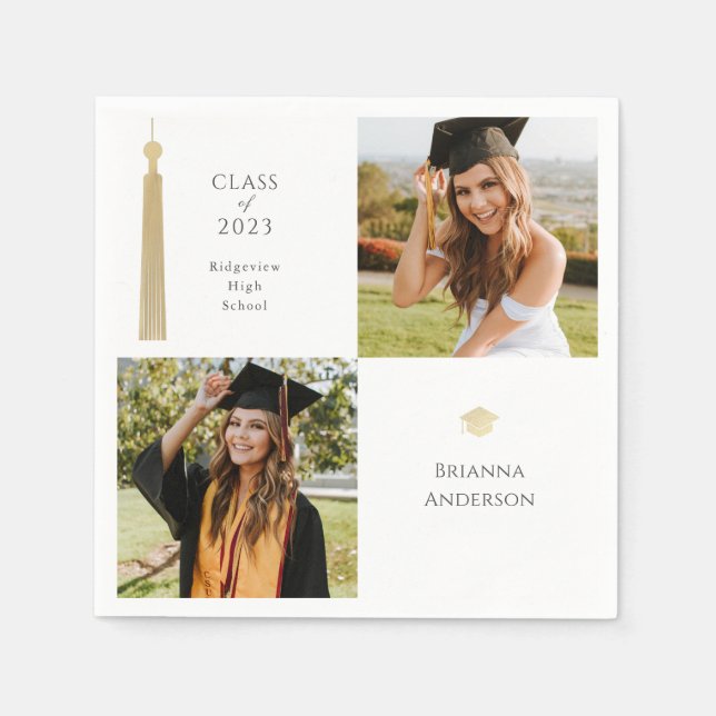 Gold Tassel & Cap Dark White 2 Photo Graduation Napkin (Front)