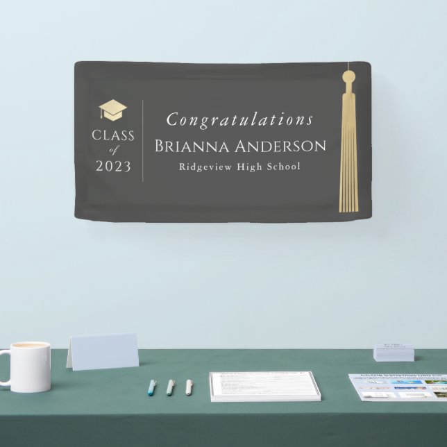 Gold Tassel & Cap Gray Graduation Party Banner (Tradeshow)