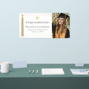 Gold Tassel & Cap White Graduation Party Photo Banner