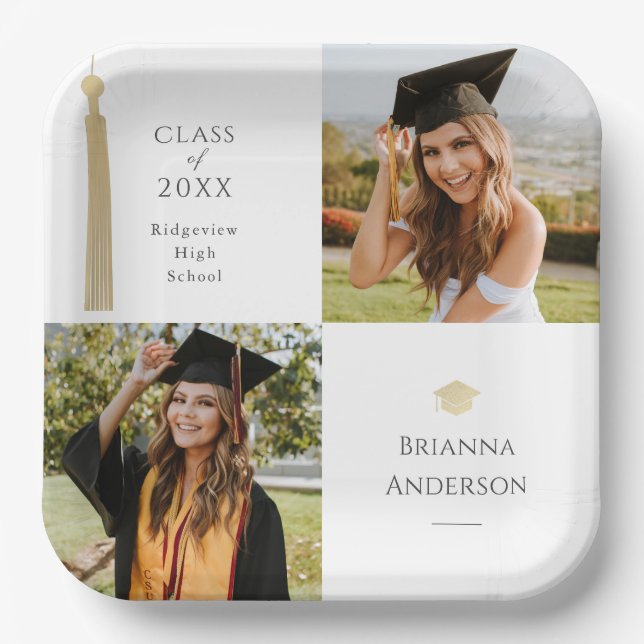 Gold Tassel & Cap White Photo Graduation Paper Plate (Front)