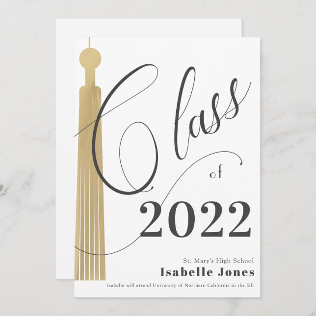 Gold Tassel White Graduation Invitation (Front/Back)
