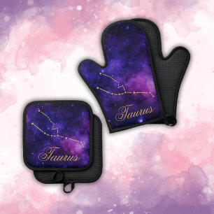 Gold Taurus Constellation on Dark Galaxy Oven Mitt & Pot Holder Set