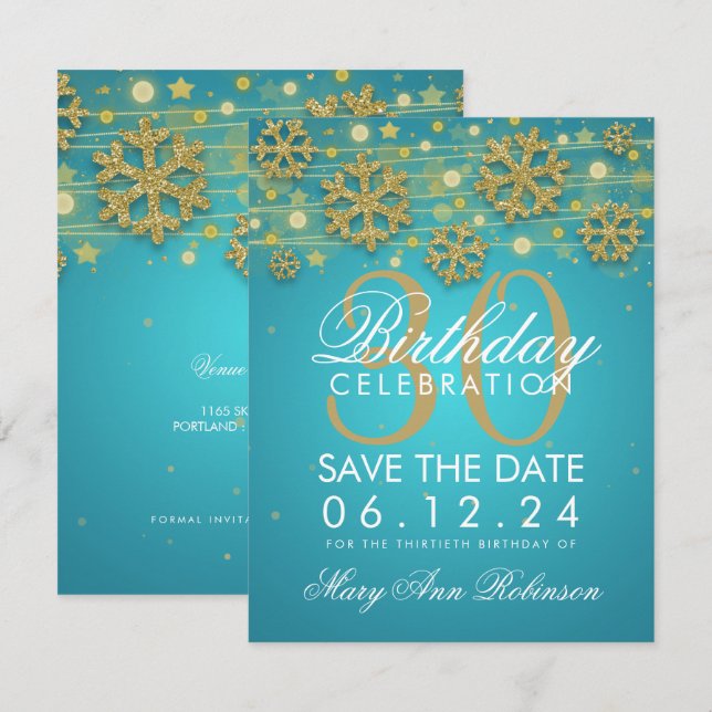 Gold Teal 30th Birthday Save Date Winter Invitation (Front/Back)