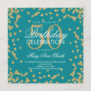 Gold Teal 50th Birthday Elegant Glitter Confetti Invitation