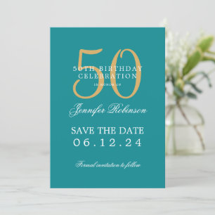 Gold Teal 50th Birthday Save the Date Details Invitation
