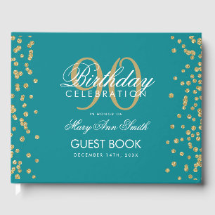 Gold Teal 90th Birthday Glitter Confetti Guest Book