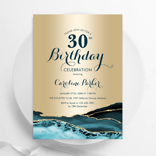 Gold Teal Agate 30th Birthday Invitation (Creator Uploaded)