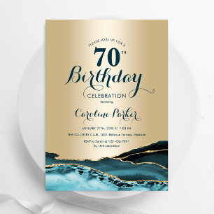 Gold Teal Agate 70th Birthday Invitation