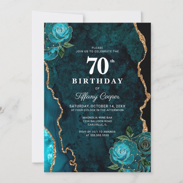 Gold Teal Agate 70th Birthday Invitation (Front)