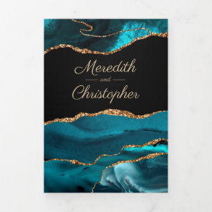 Gold Teal Agate Geode Wedding Tri-Fold Invitation