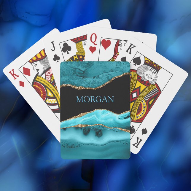 Gold & Teal Agate, Glitter, Blue Name on Black Playing Cards (Creator Uploaded)