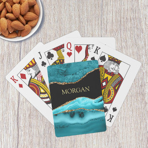 Gold & Teal Agate, Glitter, Gold Name on Black Playing Cards