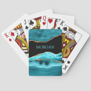 Gold & Teal Agate, Glitter, Teal Name on Black Playing Cards