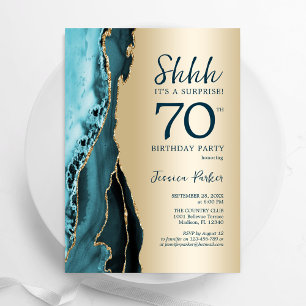 Gold Teal Agate Surprise 70th Birthday Invitation