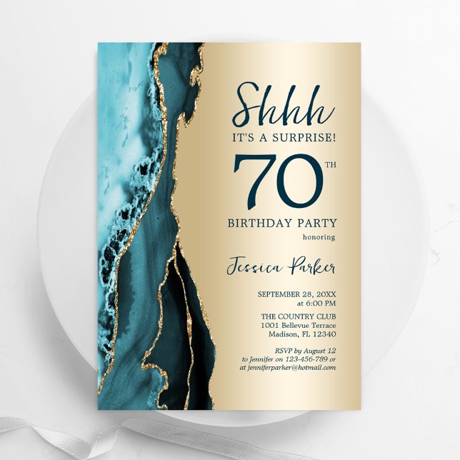 Gold Teal Agate Surprise 70th Birthday Invitation (Creator Uploaded)
