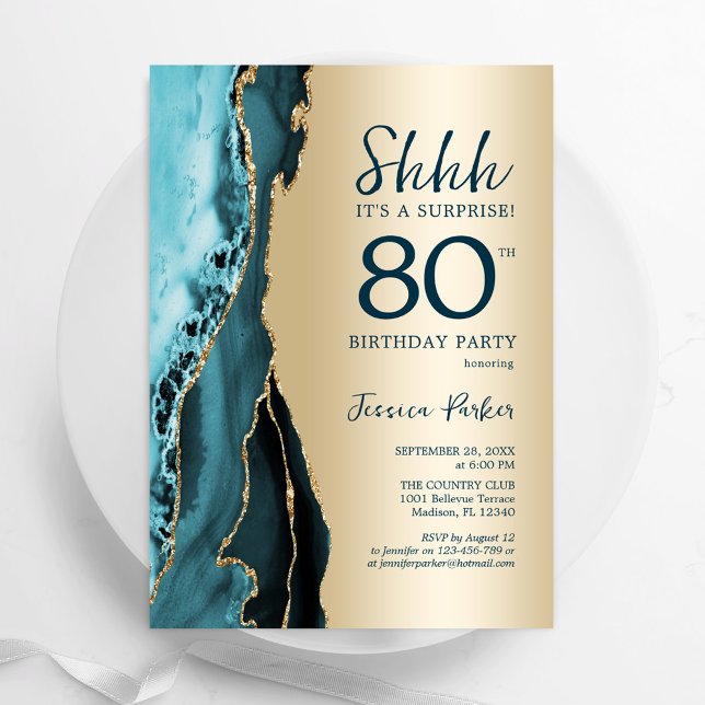 Gold Teal Agate Surprise 80th Birthday Invitation (Creator Uploaded)