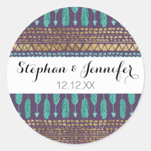 Gold Teal and Purple Arrows Tribal Aztec Pattern Classic Round Sticker