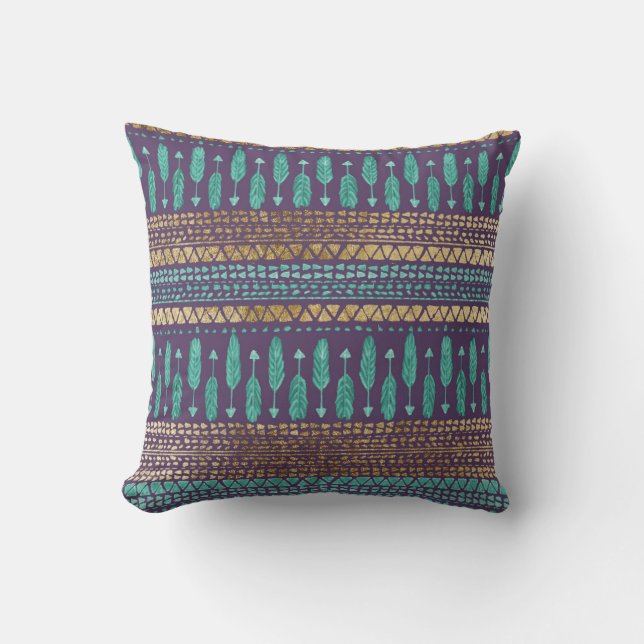 Gold Teal and Purple Arrows Tribal Aztec Pattern Cushion (Front)