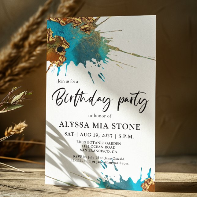  Gold Teal Artistic Splash Birthday Party  Invitation (Creator Uploaded)