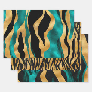 Gold Teal Black Tiger Stripe Pattern Abstract Wrapping Paper Sheet