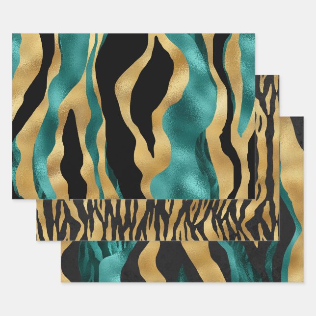 Gold Teal Black Tiger Stripe Pattern Abstract Wrapping Paper Sheet (Set)
