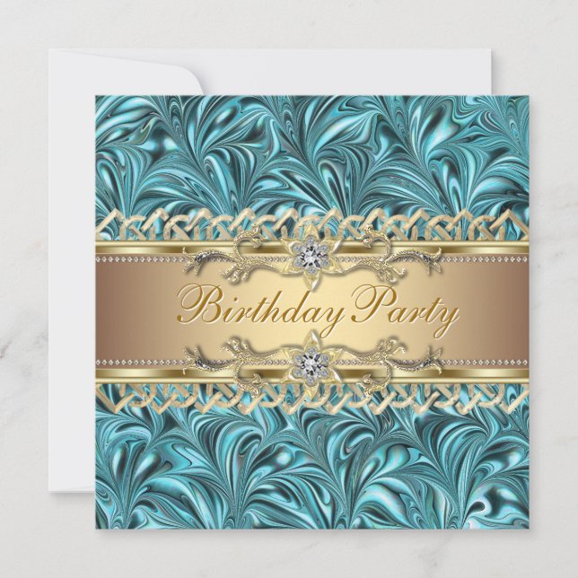 Gold Teal Blue Birthday Party Invitations (Front)