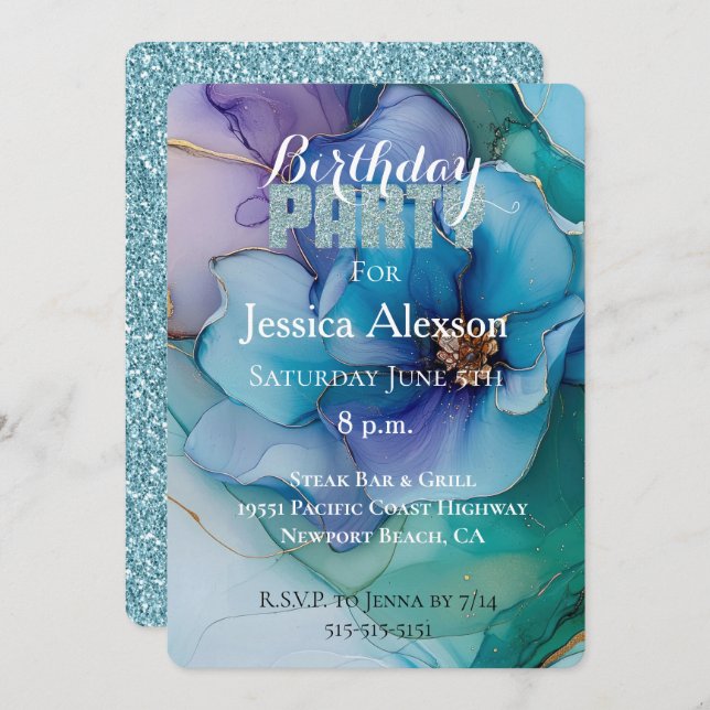 Gold Teal Blue Glitter Purple Floral Birthday  Invitation (Front/Back)