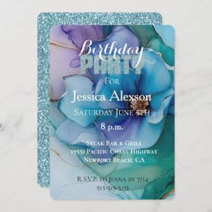 Gold Teal Blue Glitter Purple Floral Birthday  Invitation