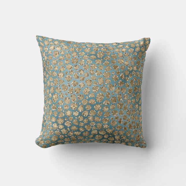 Gold Teal Blue Green Glitzy Leopard Print        Cushion (Front)